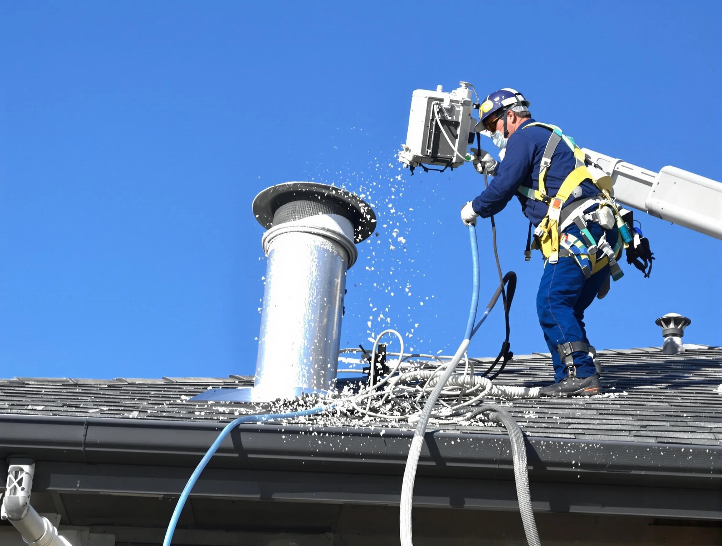 Choctaw Dryer Vent Cleaning certified technician safely cleaning a roof-mounted dryer vent in Choctaw