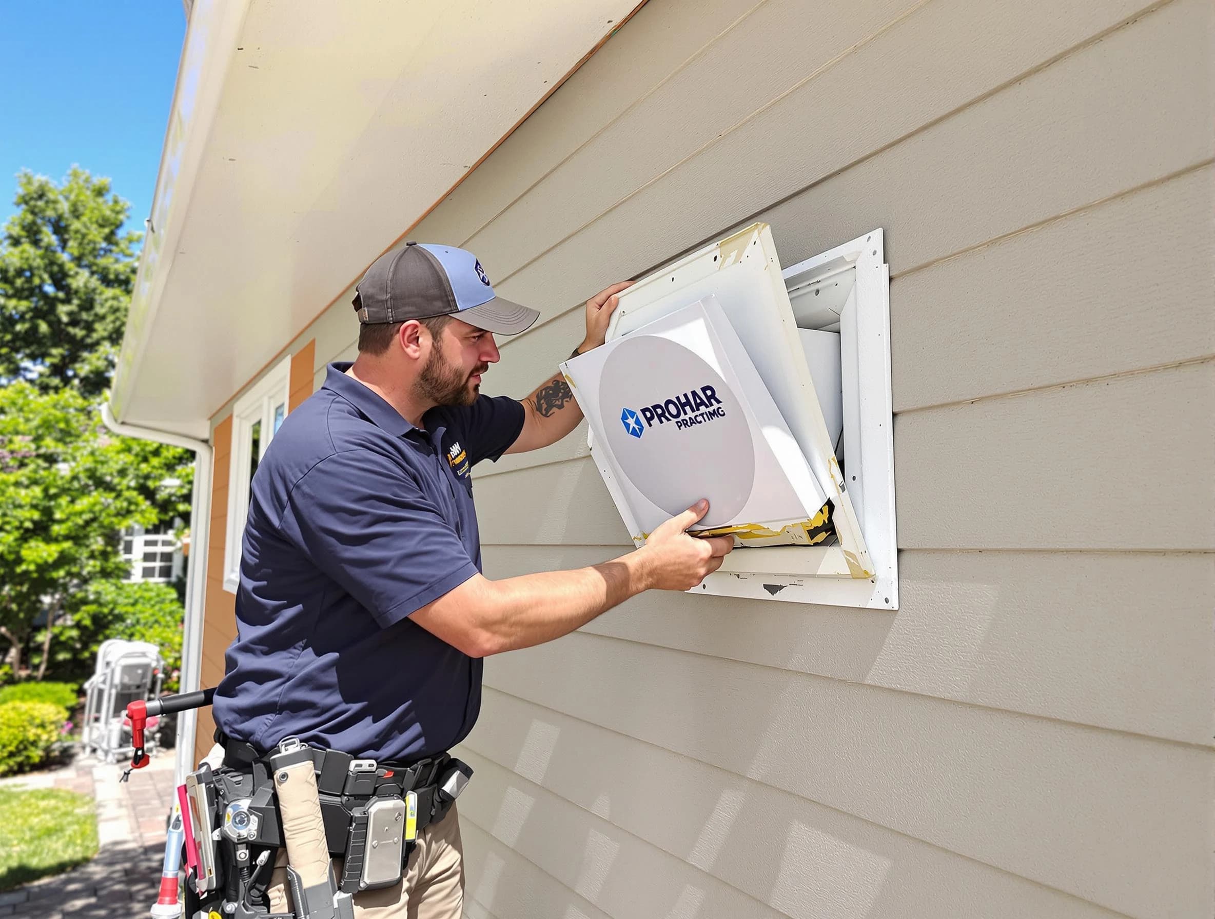 Choctaw Dryer Vent Cleaning technician installing a new protective dryer vent cover on a home in Choctaw